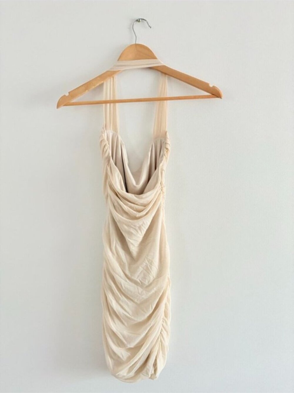 Oh Polly Mesh Not A Love Story Halter Ruched Mini Dress Cream Beige Size 4 - Picture 4 of 6